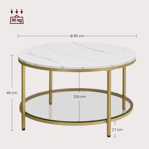 Table Basse, Façon Marbre, Support En Verre Trempé, Blanc Marbré Et Doré Métallique