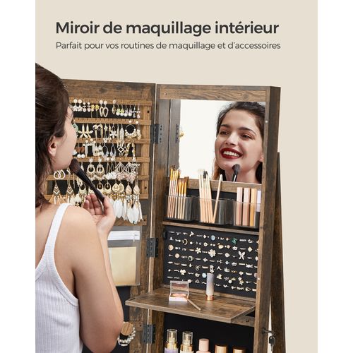 Armoire à Bijoux Avec Miroir Sur Pieds, Pivotant 360°, Surface En Marron Rustique, Doublure En Noir