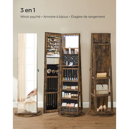 Armoire à Bijoux Avec Miroir Sur Pieds, Pivotant 360°, Surface En Marron Rustique, Doublure En Noir