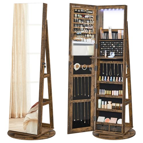 Armoire à Bijoux Avec Miroir Sur Pieds, Pivotant 360°, Surface En Marron Rustique, Doublure En Noir