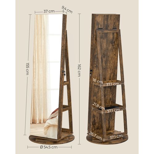 Armoire à Bijoux Avec Miroir Sur Pieds, Pivotant 360°, Surface En Marron Rustique, Doublure En Noir