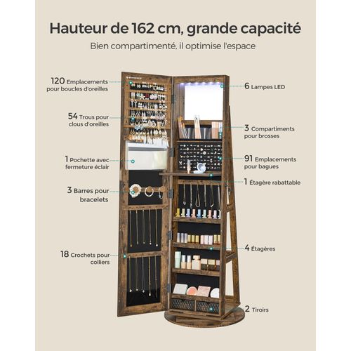 Armoire à Bijoux Avec Miroir Sur Pieds, Pivotant 360°, Surface En Marron Rustique, Doublure En Noir