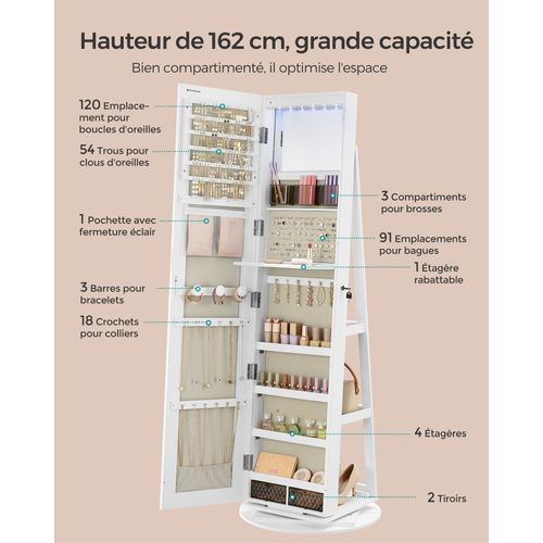 Armoire à Bijoux Avec Miroir Sur Pieds, Avec 6 LED, Pivotant 360°,surface En Blanc,doublure En Grège