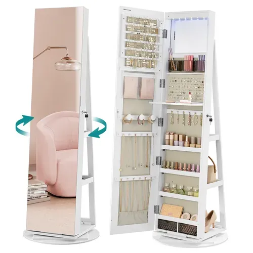 Armoire à Bijoux Avec Miroir Sur Pieds, Avec 6 LED, Pivotant 360°,surface En Blanc,doublure En Grège