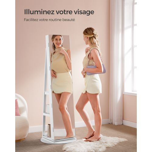 Armoire à Bijoux Avec Miroir Sur Pieds, Avec 6 LED, Pivotant 360°,surface En Blanc,doublure En Grège