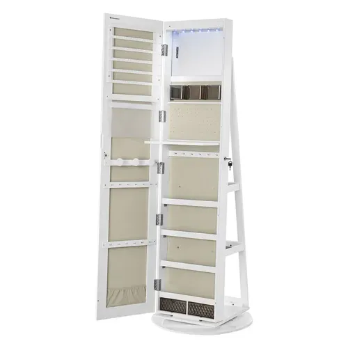 Armoire à Bijoux Avec Miroir Sur Pieds, Avec 6 LED, Pivotant 360°,surface En Blanc,doublure En Grège