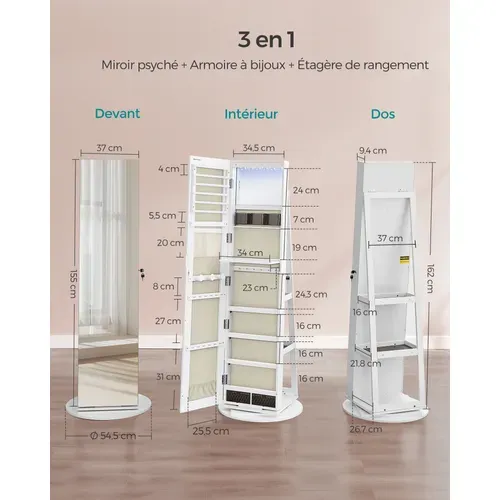 Armoire à Bijoux Avec Miroir Sur Pieds, Avec 6 LED, Pivotant 360°,surface En Blanc,doublure En Grège