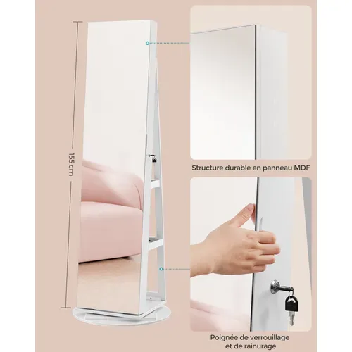 Armoire à Bijoux Avec Miroir Sur Pieds, Avec 6 LED, Pivotant 360°,surface En Blanc,doublure En Grège