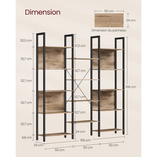 Bibliothèque, Avec 14 Étagères, Cadre En Métal, 24 X 158 X 166 Cm, Marron Camel Et Noir D'encre