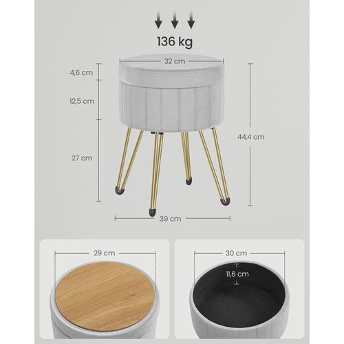 SONGMICS Tabouret Rangement Rond Velours Gris Tourterelle - Pouf Siège 39x44.4cm - Repose-pieds