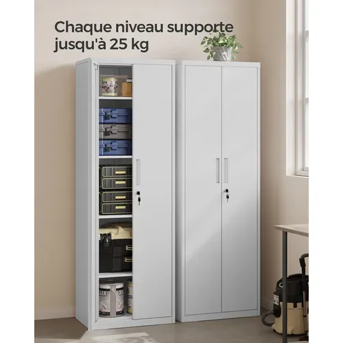 Meuble De Rangement Bureau, 5 Niveaux, 2 Portes, Serrure, Gris