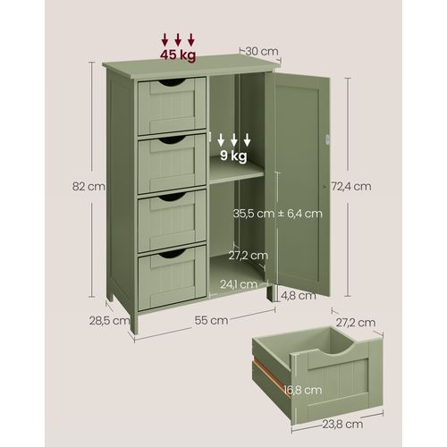 Meuble Salle De Bain Rangement, Avec 4 Tiroirs, Étagère Réglable, 30 X 55 X 82 Cm, Vert Forêt