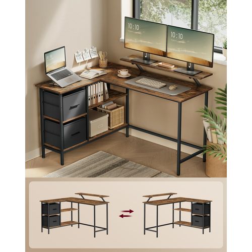Bureau En Forme De L Avec 2 Tiroirs Spacieux, Avec Support Pour Écran, Longueur 135 Cm, Marron