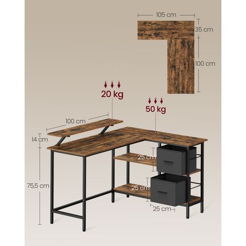 Bureau En Forme De L Avec 2 Tiroirs Spacieux, Avec Support Pour Écran, Longueur 135 Cm, Marron