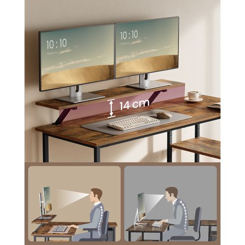 Bureau En Forme De L Avec 2 Tiroirs Spacieux, Avec Support Pour Écran, Longueur 135 Cm, Marron