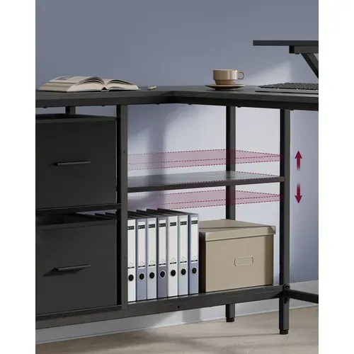 Bureau En Forme De L Avec 2 Tiroirs Spacieux, Avec Support Pour Écran, Longueur 115 Cm, Noir Boisé