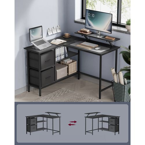 Bureau En Forme De L Avec 2 Tiroirs Spacieux, Avec Support Pour Écran, Longueur 115 Cm, Noir Boisé