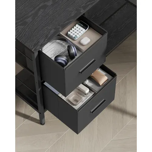 Bureau En Forme De L Avec 2 Tiroirs Spacieux, Avec Support Pour Écran, Longueur 115 Cm, Noir Boisé