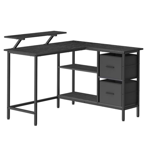 Bureau En Forme De L Avec 2 Tiroirs Spacieux, Avec Support Pour Écran, Longueur 115 Cm, Noir Boisé