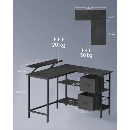 Bureau En Forme De L Avec 2 Tiroirs Spacieux, Avec Support Pour Écran, Longueur 115 Cm, Noir Boisé