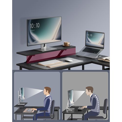 Bureau En Forme De L Avec 2 Tiroirs Spacieux, Avec Support Pour Écran, Longueur 115 Cm, Noir Boisé