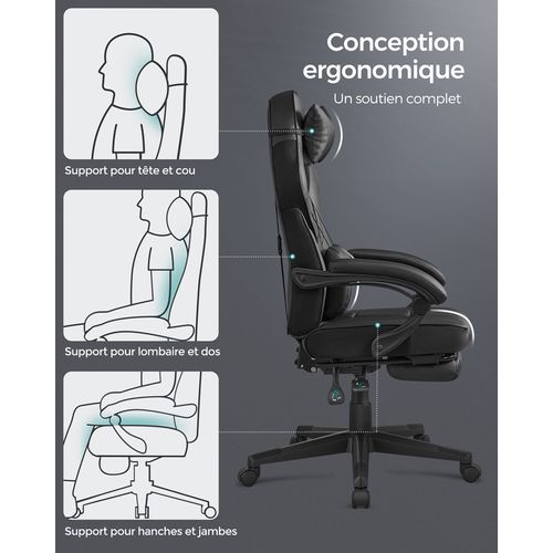 Fauteuil De Bureau, Réglable, Repose-pieds Télescopique, Mécanisme à Bascule, Noir D'encre