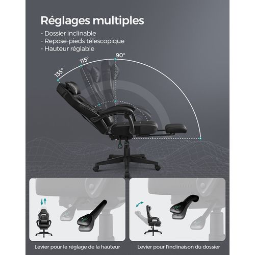 Fauteuil De Bureau, Réglable, Repose-pieds Télescopique, Mécanisme à Bascule, Noir D'encre