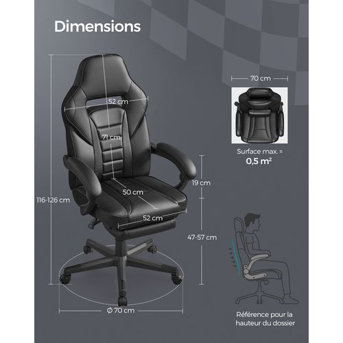 Fauteuil De Bureau, Réglable, Repose-pieds Télescopique, Mécanisme à Bascule, Noir D'encre