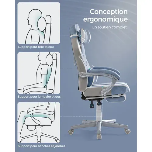 Fauteuil De Bureau, Repose-pieds Télescopique, Mécanisme à Bascule, Bleu Lac Et Blanc Crème