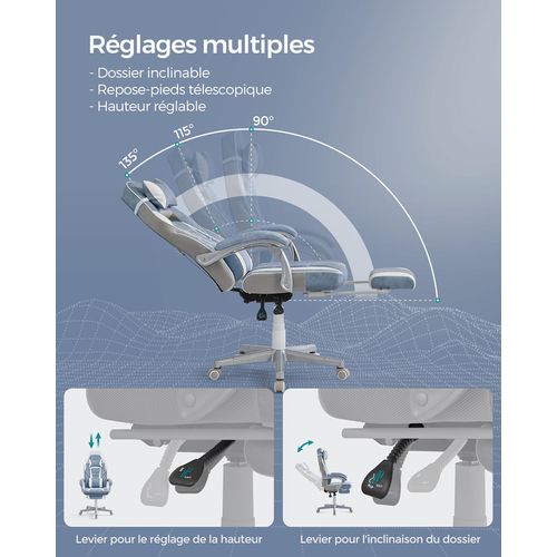 Fauteuil De Bureau, Repose-pieds Télescopique, Mécanisme à Bascule, Bleu Lac Et Blanc Crème