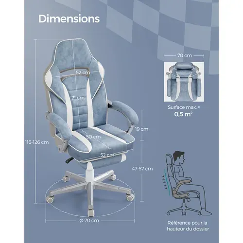 Fauteuil De Bureau, Repose-pieds Télescopique, Mécanisme à Bascule, Bleu Lac Et Blanc Crème