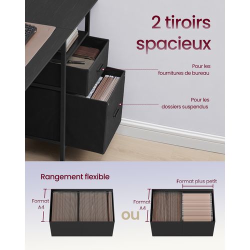 Bureau Gaming, avec Tiroirs en Tissu, Multiprise, 2 Ports USB, 140 x 60 cm, Noir Boisé