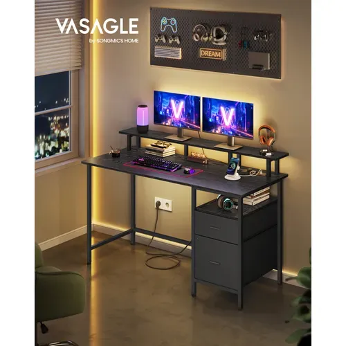 Bureau Gaming, avec Tiroirs en Tissu, Multiprise, 2 Ports USB, 140 x 60 cm, Noir Boisé