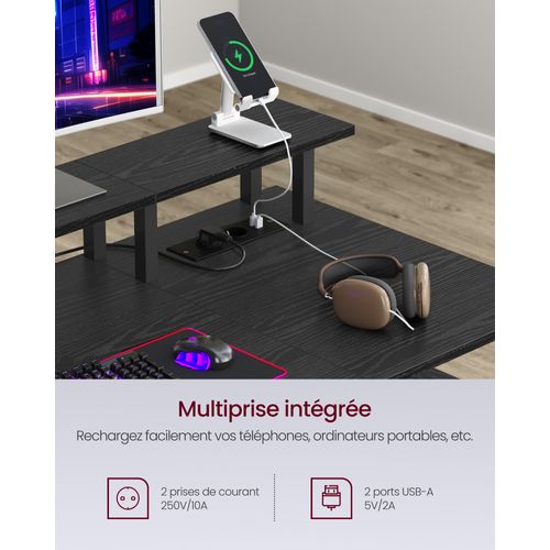 Bureau Gaming, avec Tiroirs en Tissu, Multiprise, 2 Ports USB, 140 x 60 cm, Noir Boisé