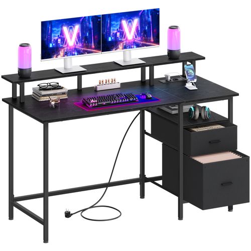 Bureau Gaming, avec Tiroirs en Tissu, Multiprise, 2 Ports USB, 140 x 60 cm, Noir Boisé