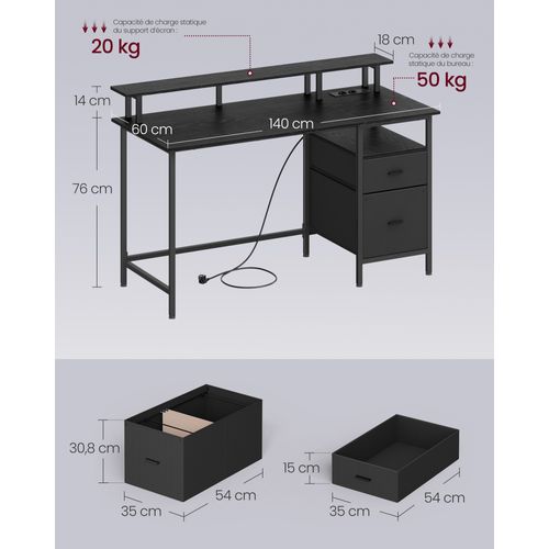 Bureau Gaming, avec Tiroirs en Tissu, Multiprise, 2 Ports USB, 140 x 60 cm, Noir Boisé