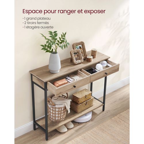 Table Console, Avec 2 Tiroirs, Cadre En Acier, Style Industriel, Marron Camel Et Noir D'encre