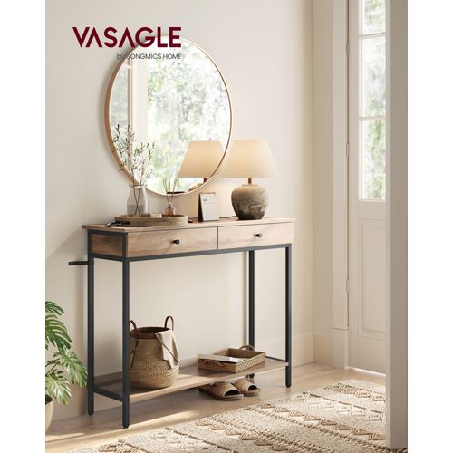 Table Console, Avec 2 Tiroirs, Cadre En Acier, Style Industriel, Marron Camel Et Noir D'encre