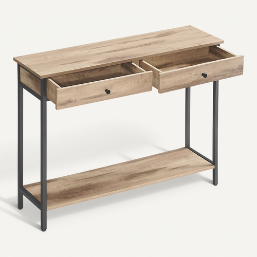 Table Console, Avec 2 Tiroirs, Cadre En Acier, Style Industriel, Marron Camel Et Noir D'encre