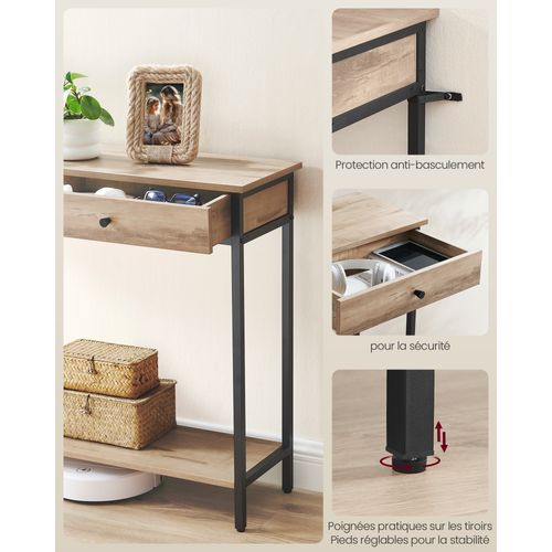 Table Console, Avec 2 Tiroirs, Cadre En Acier, Style Industriel, Marron Camel Et Noir D'encre