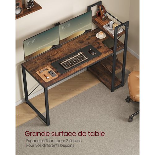 Bureau Avec Étagères Réversible à Gauche Ou à Droite, Longueur 137,2 Cm, Marron Rustique Et Noir