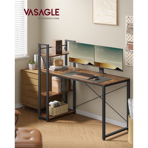 Bureau Avec Étagères Réversible à Gauche Ou à Droite, Longueur 137,2 Cm, Marron Rustique Et Noir