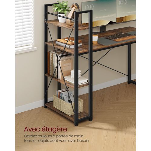 Bureau Avec Étagères Réversible à Gauche Ou à Droite, Longueur 137,2 Cm, Marron Rustique Et Noir