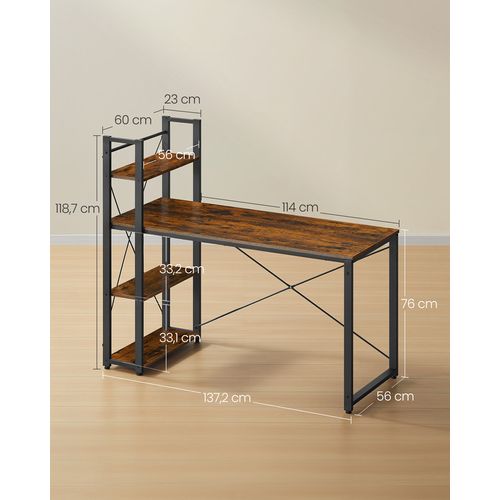 Bureau Avec Étagères Réversible à Gauche Ou à Droite, Longueur 137,2 Cm, Marron Rustique Et Noir