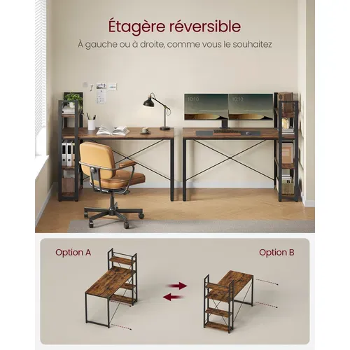 Bureau Avec Étagères Réversible à Gauche Ou à Droite, Longueur 137,2 Cm, Marron Rustique Et Noir