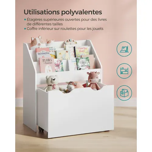 Étagère Pour Jouets, 3 Compartiments Bibliothèque Pour Enfants, Avec Roulettes, Blanc Nuage