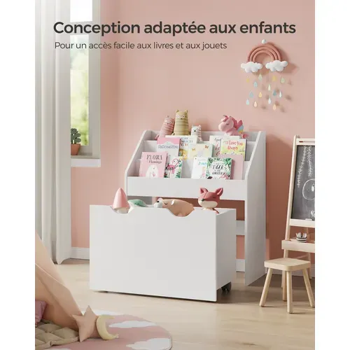 Étagère Pour Jouets, 3 Compartiments Bibliothèque Pour Enfants, Avec Roulettes, Blanc Nuage