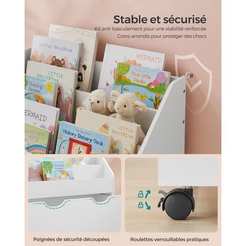 Étagère Pour Jouets, 3 Compartiments Bibliothèque Pour Enfants, Avec Roulettes, Blanc Nuage