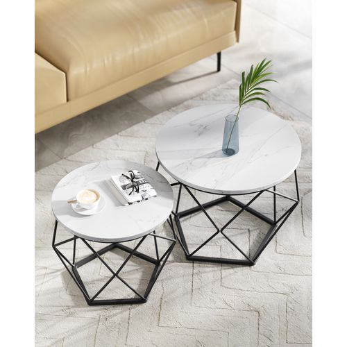 Table Basse Ronde, Lot De 2, Style Moderne, Plateau Amovible, Cadre En Acier, Blanc Et Noir