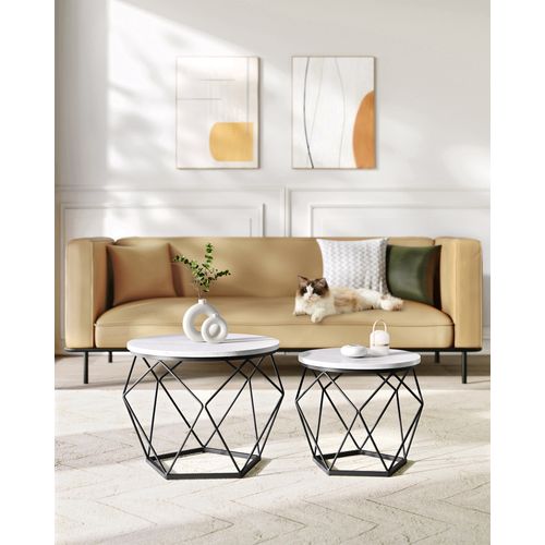 Table Basse Ronde, Lot De 2, Style Moderne, Plateau Amovible, Cadre En Acier, Blanc Et Noir